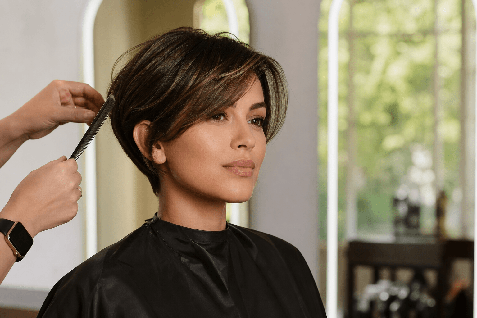 Corte curto feminino em finalização no salão