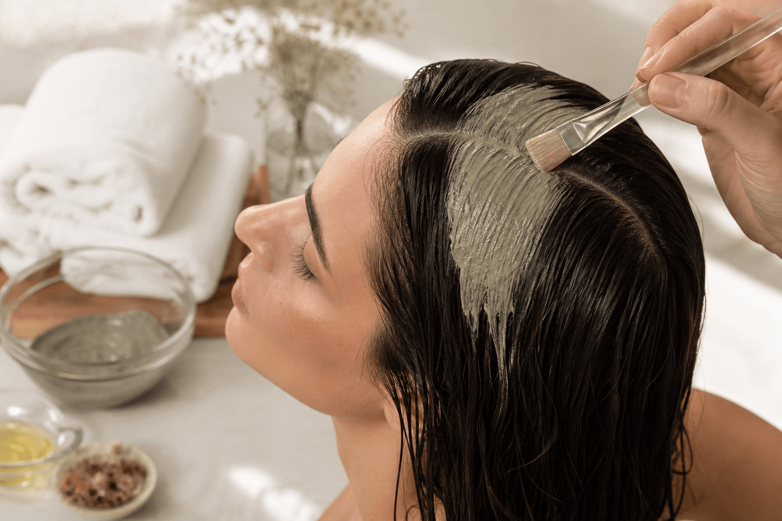 Ritual de detox capilar com argila no couro cabeludo