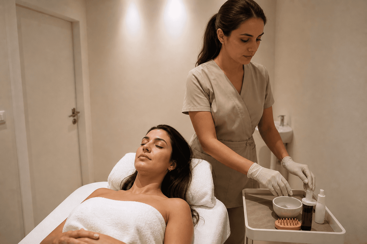 Terapia capilar avançada feminina em sala de tratamento