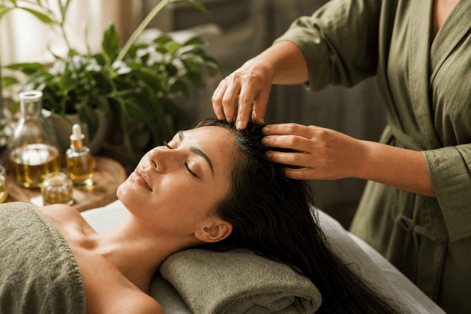Sessão de terapia capilar com massagem no couro cabeludo